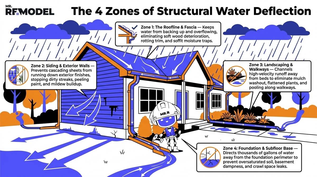 A structural water management diagram illustrating how functional gutters and downspout extenders protect a home's roof edge, exterior siding, landscaping, and foundation from moisture damage.